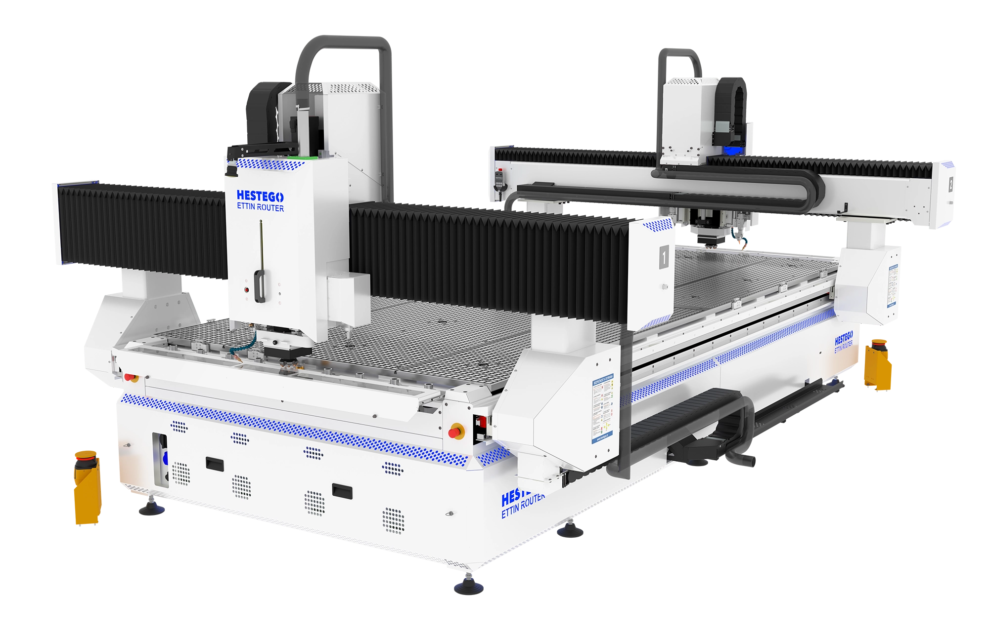 Large white CNC router (HESTEGO Ettin Router) with dual gantries and black accordion dust curtains on a metallic bed edge.